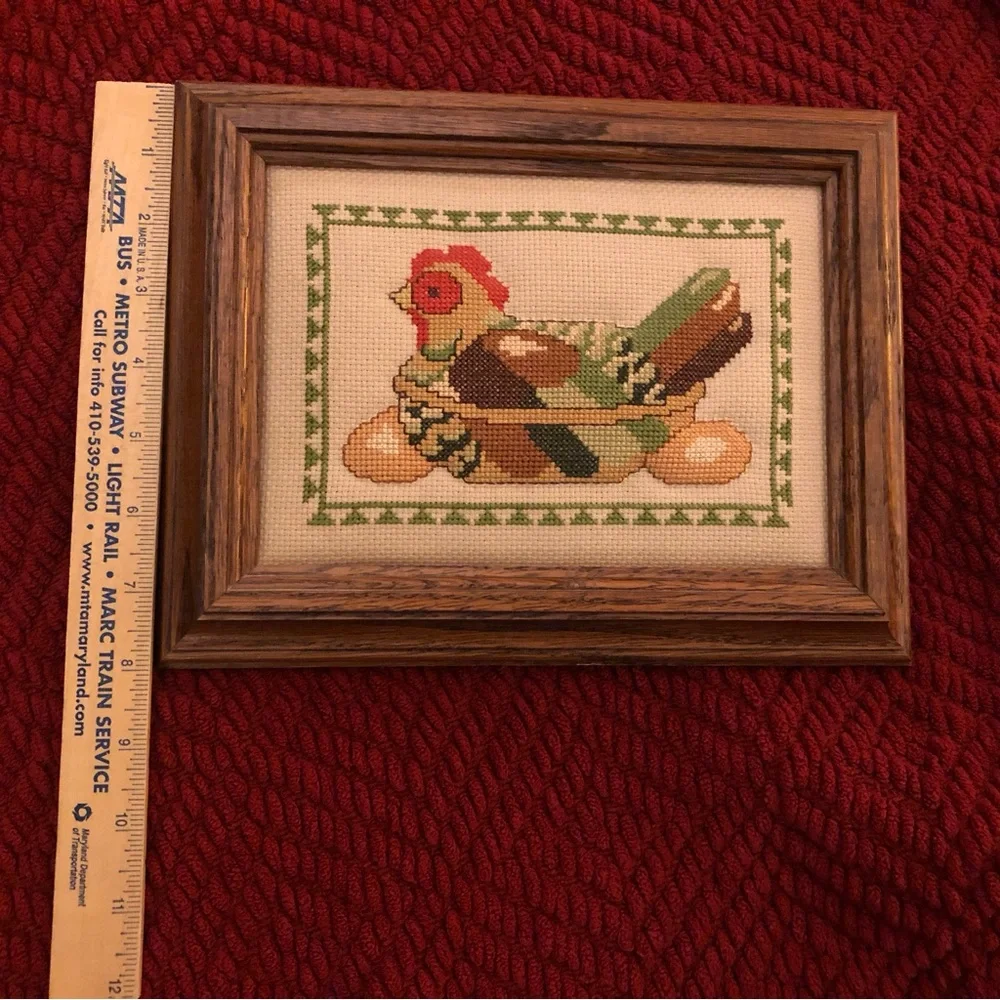 Framed Vintage  Cross-Stitch Nesting Hen with Eggs Rustic Farmhouse Whimsical - Picture 9 of 12